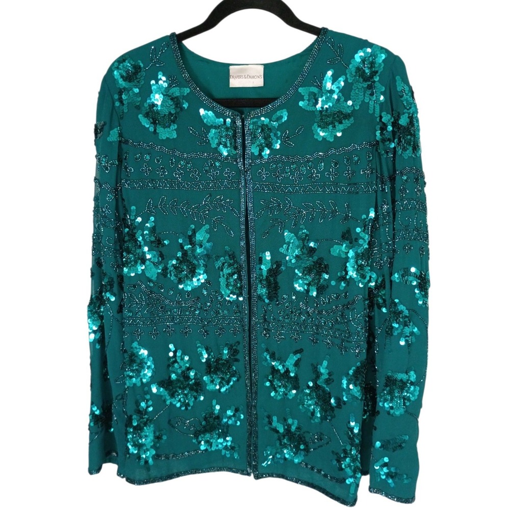 Drapers & Damons Vintage Teal Beaded Sequin Floral Evening Top L Formal 90s